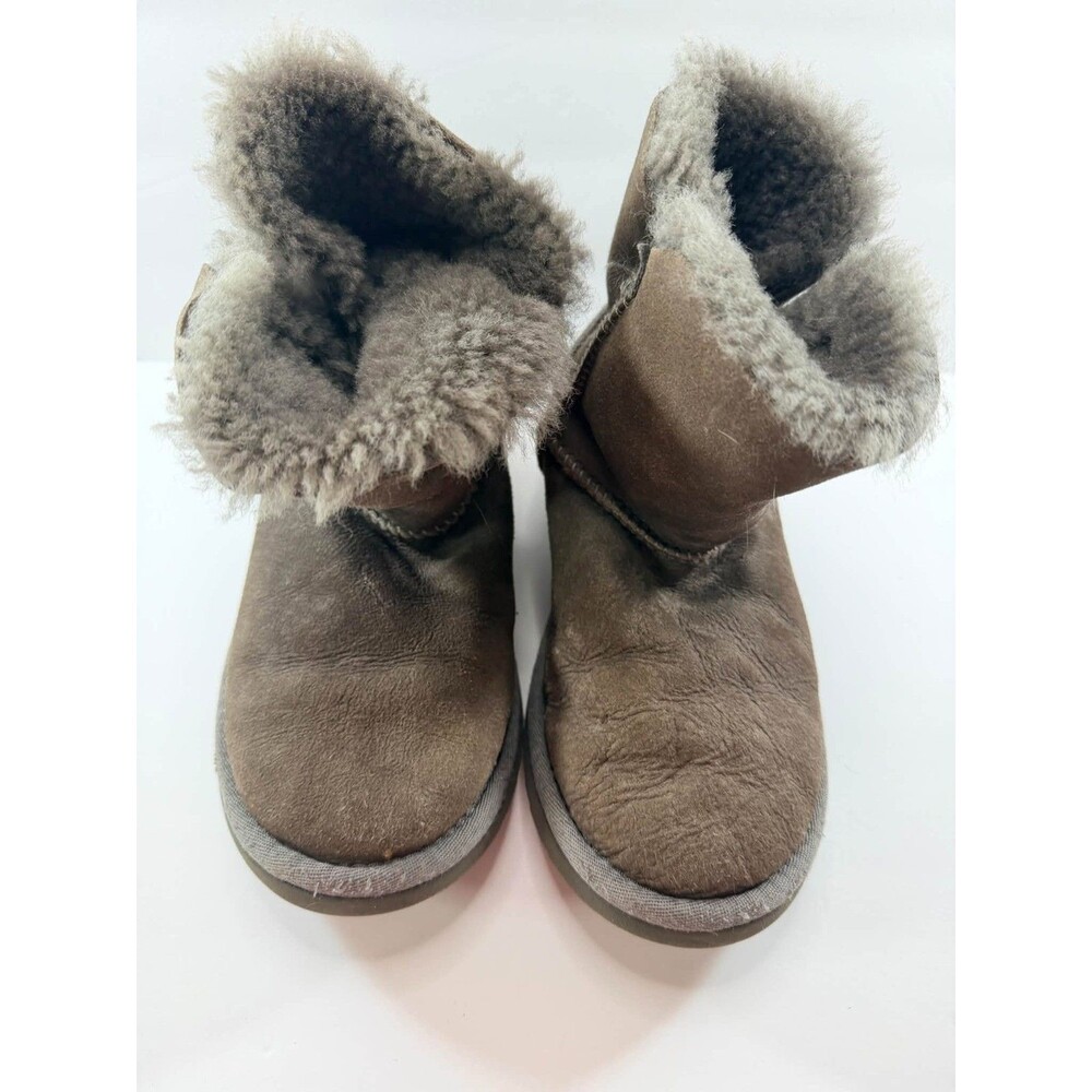 UGG Mini Bailey Button Boots Gray Suede Kids Size 3 Sheepskin Lined